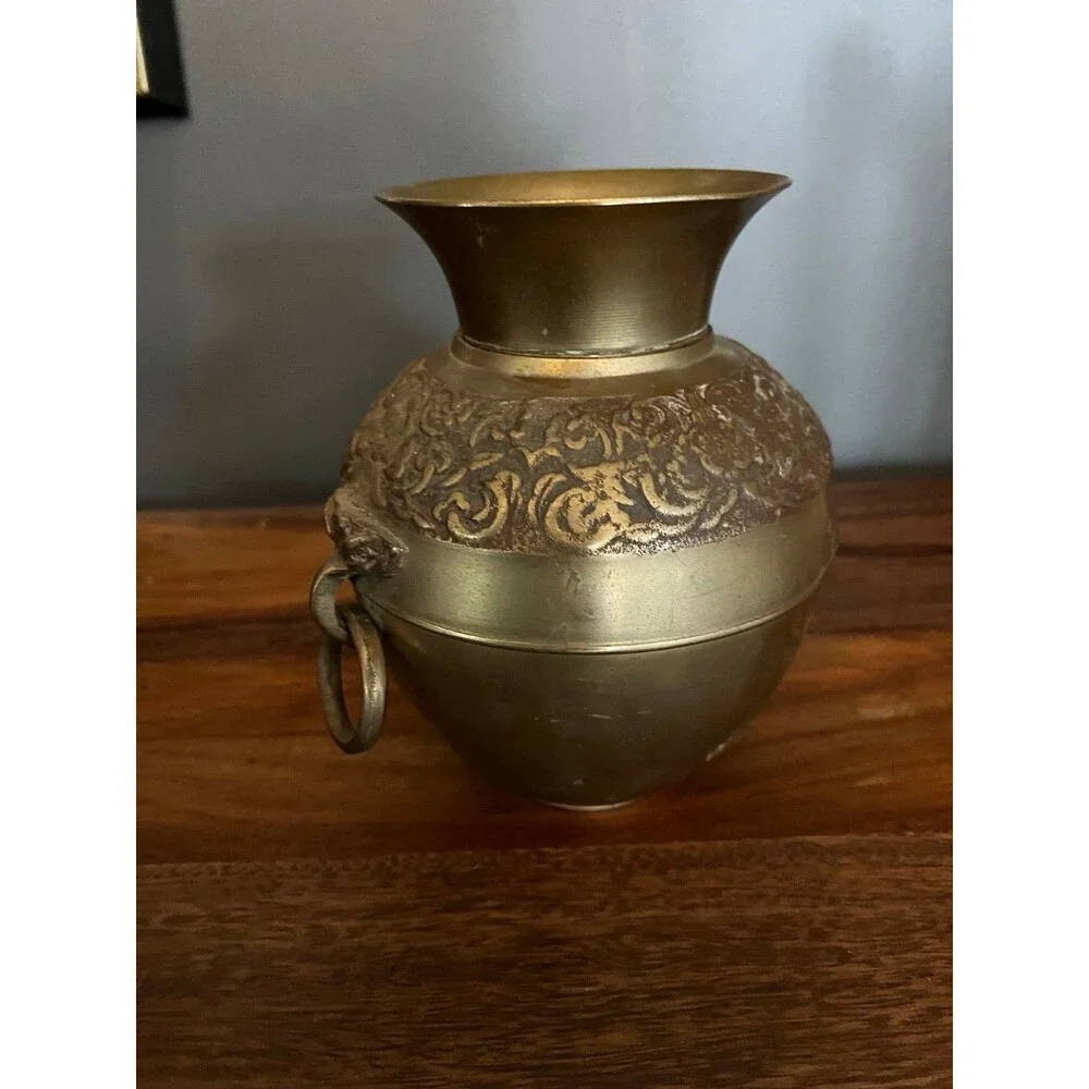 Vintage solid Brass Urn Vase Spittoon with rings on sides Beautiful design